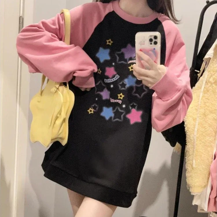 Y2k Aesthetics O Neck Hoodies Harajuku Contrast Color Star Letter Pullover Patchwork Sweatshirt Oversized Mall Goth Streetwear