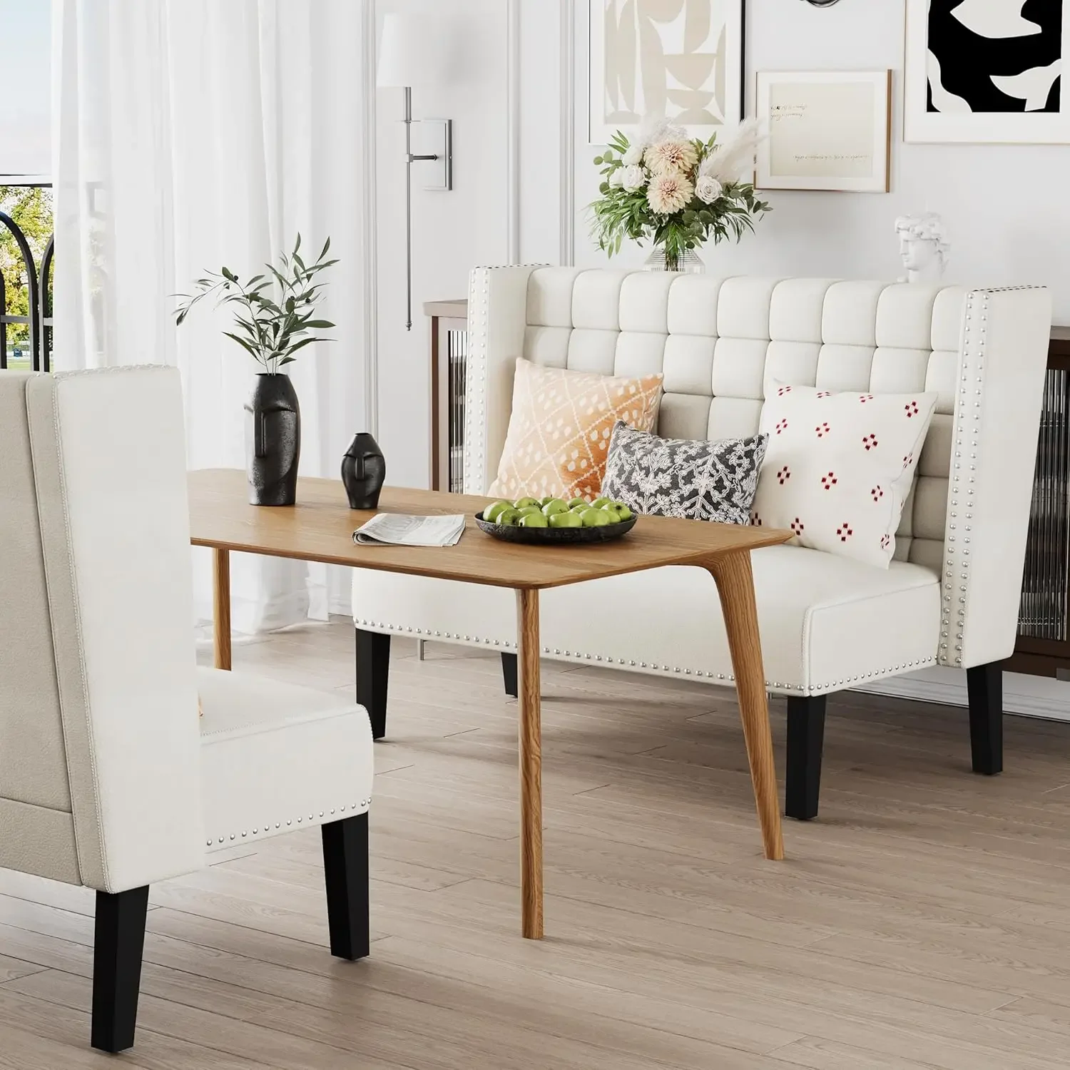 أريكة مقعد أريكة حديثة بمقعدين، مقعد طعام منجد مع ظهر، أبيض