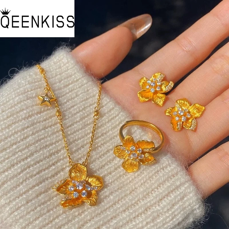 

QEENKISS 24KT Gold Flower Necklace+Ring+Stud Earrings For Women Wedding Party Birthday Christmas Bride Mother Girl Gifts JS5101