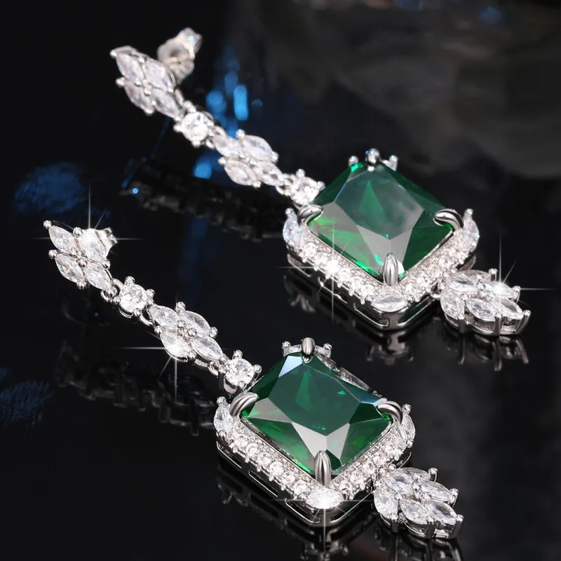 Huitan Gorgeous Square Green Cubic Zirconia Hanging Earrings for Women Newly Designed Bridal Wedding Accessories Luxury Jewelry