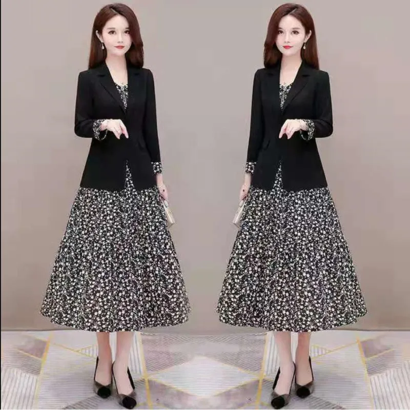 Women\'s Autumn Casual Blazers Sling Floral Dress Two Piece 2022 New Fashion Suit Jacket Midi Skirt Set Korean Elegant Chic Set