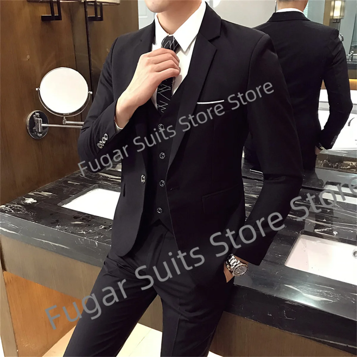 

Classic Luxuly Black Wedding Mens Suits Slim Fit Notched Lapel Groom Tuxedos 3 Pieces Sets Business Male Blazer Ternos Mascuino