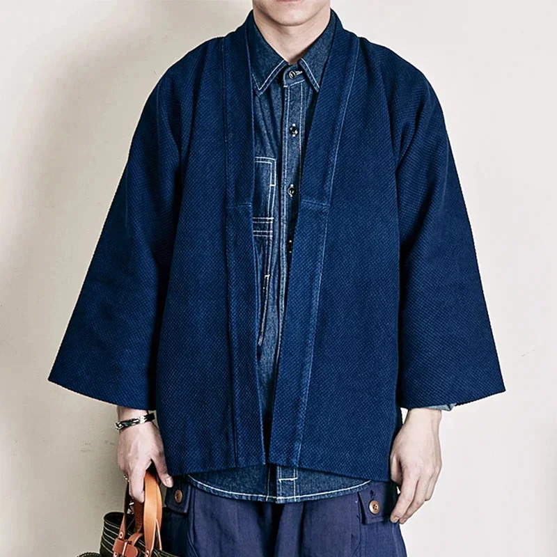 

Indigo Jacket Men Vintage Kendo Suit Heavy Weight Cotton Blue Dyed Male Loose Casual Cardigan Coat Autumn Men's Clothing