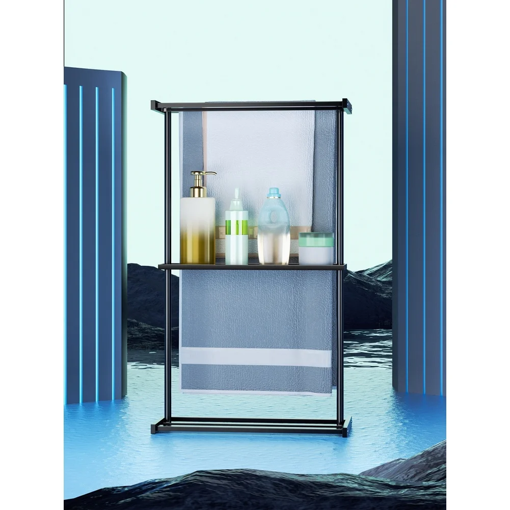 Space Saving Floor Standing Towel Rack with Dual Storage Levels Modern Bathroom Shelf in Matte Black Carbon Steel