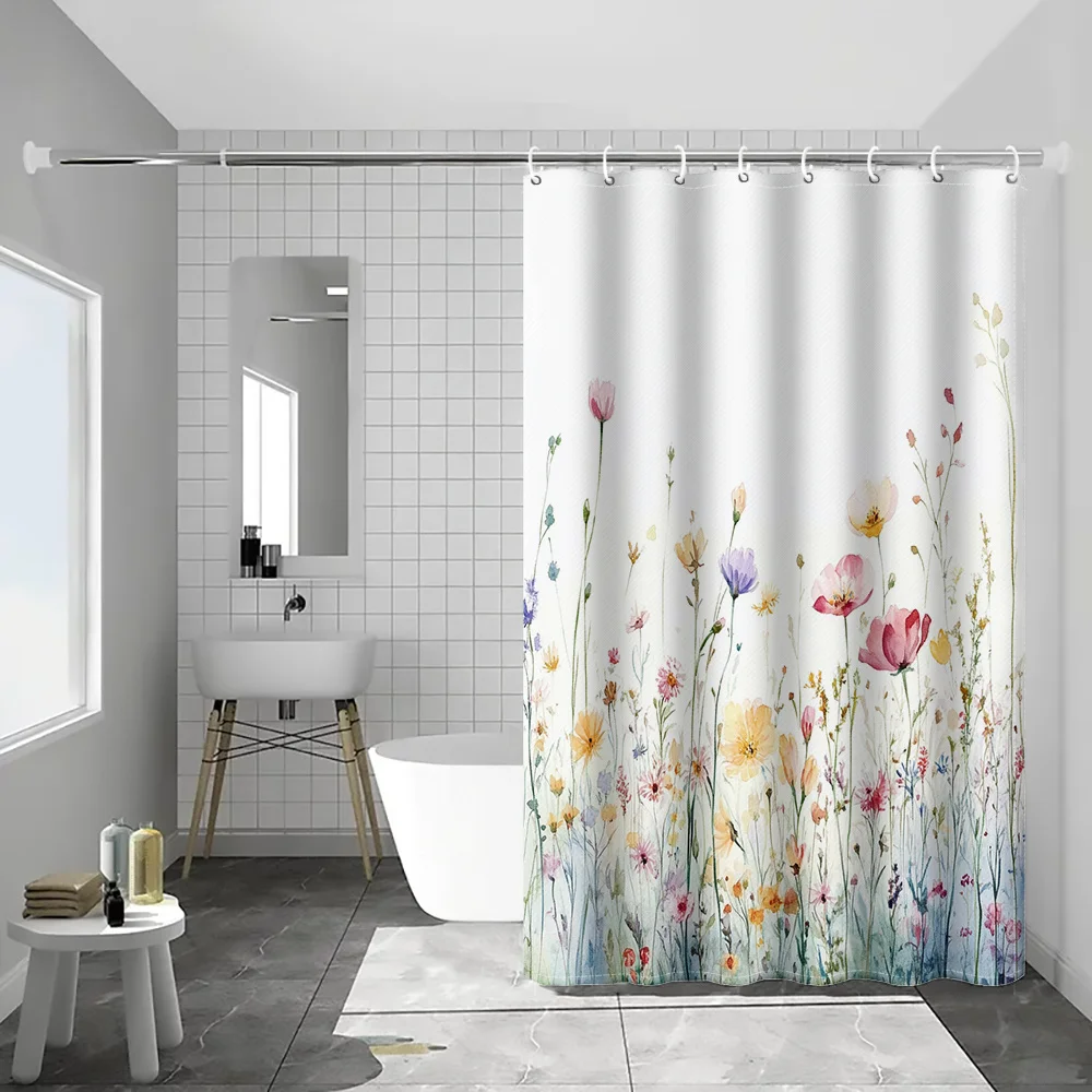 Watercolor Floral Shower Curtain with Pink and Yellow Blooms - Bathroom Shower Curtain Liner for Modern Decor
