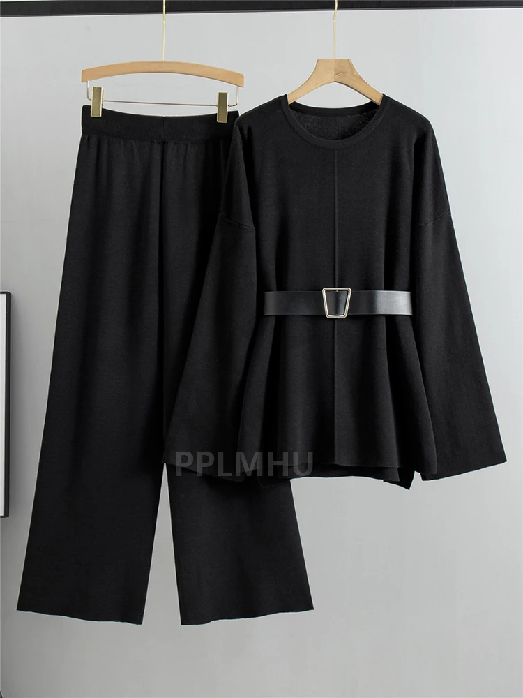 Knitted Wide Leg Pants Two Piece Sets Women Sweater Pullover Tops Suits High Waist Casual Baggy Sweatpants Conjunto With Belts