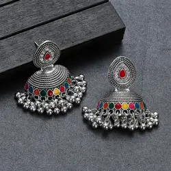 Ethnic Retro Silver Color Jhumka Indian Earrings Femmes 2024 Luxury White Crystal Afghan Bell Beads Tassel Drop Earrings