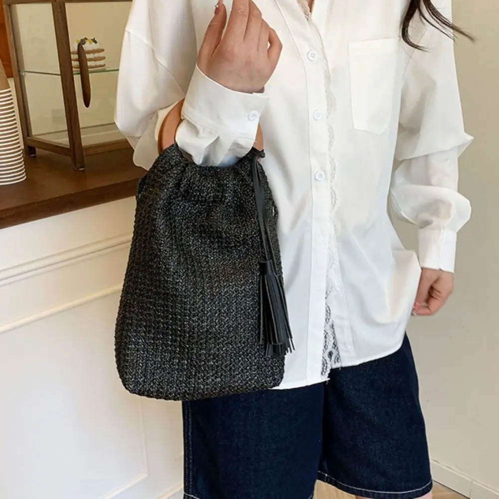 

Casual Bohemian Style Rainbow Woven Handbag Hollow Out with Tassel Summer Bucket Bag Sweet Beach Woven Crochet Bag Vacation