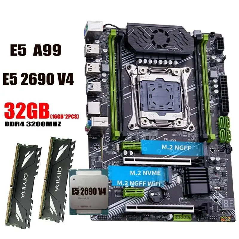 Top X99 Motherboard Set LGA 2011-3 Xeon E5 2690 V4 CPU Processor 4 channels DDR4 2*16G=32GB RAM Memory combo USB ATX NVME M.2