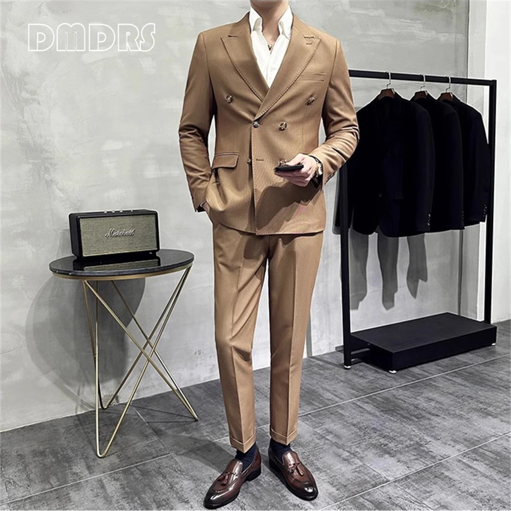 Peak Lapel Solid Suit Set for Men, M-3XL Business Men's Double Breasted Suit Set, Blazer Pants, High Quality Real Images