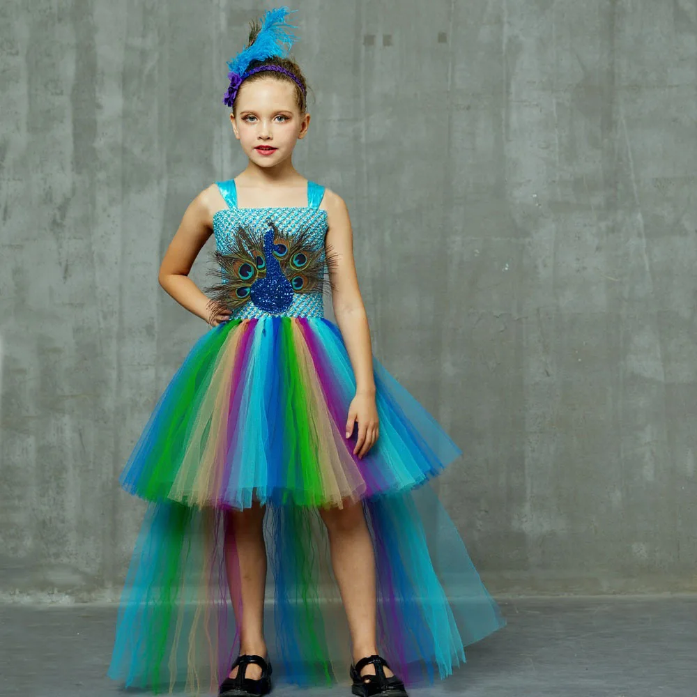 

Elegant Peacock Feather Costume Girls Fluffy Layered Peacock Tutu Dress with Witch Hat Kids Pageant Party Ball Gowns Dresses