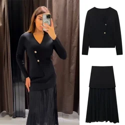 PB&ZA2024 autumn new women's asymmetric V-neck long sleeved slim knit cardigan half skirt two-piece set