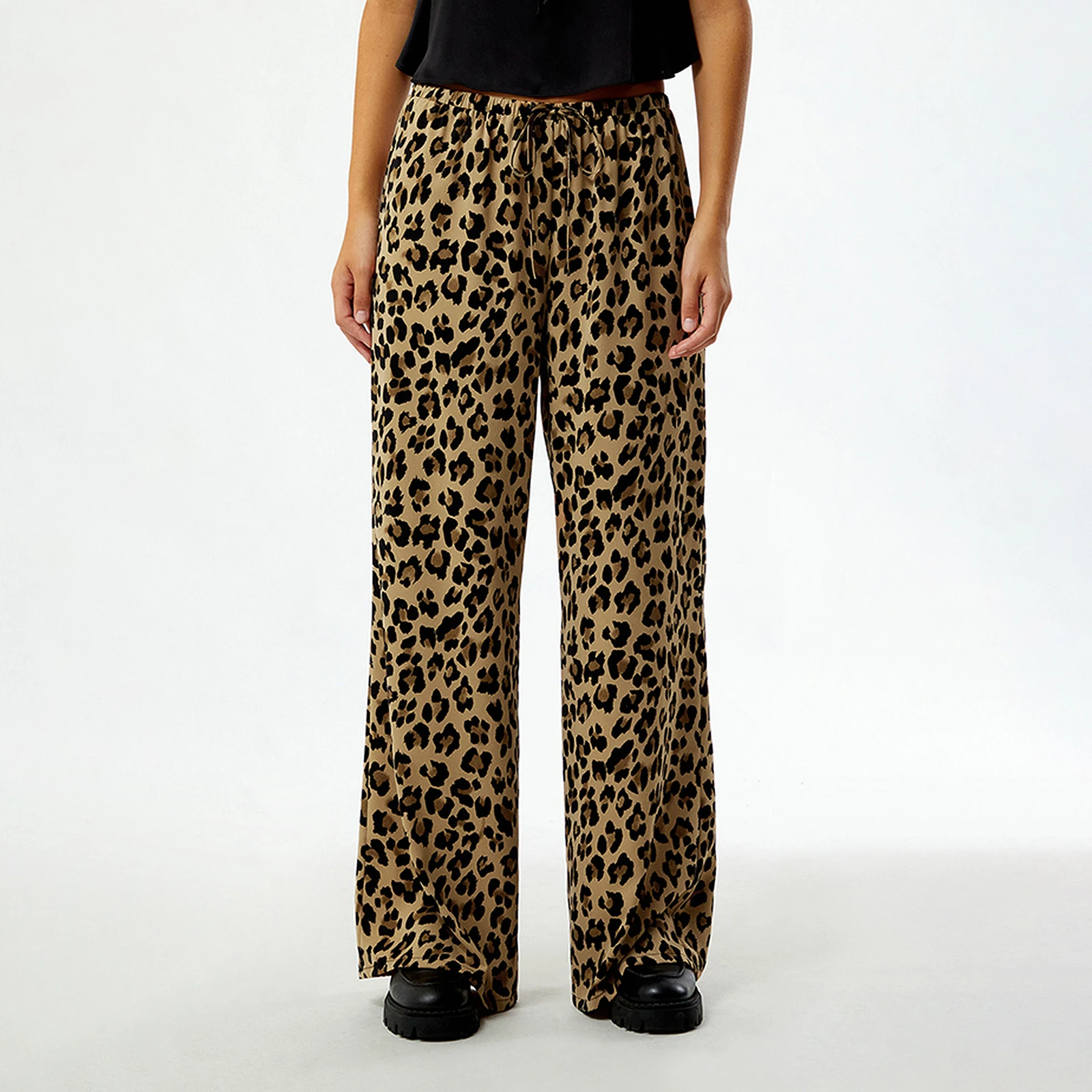 Women Vintage y2k Cargo Pants Leopard Print Drawstring Elastic Waist Loose Casual Wide Leg Pants Baggy Trousers Sweatpants