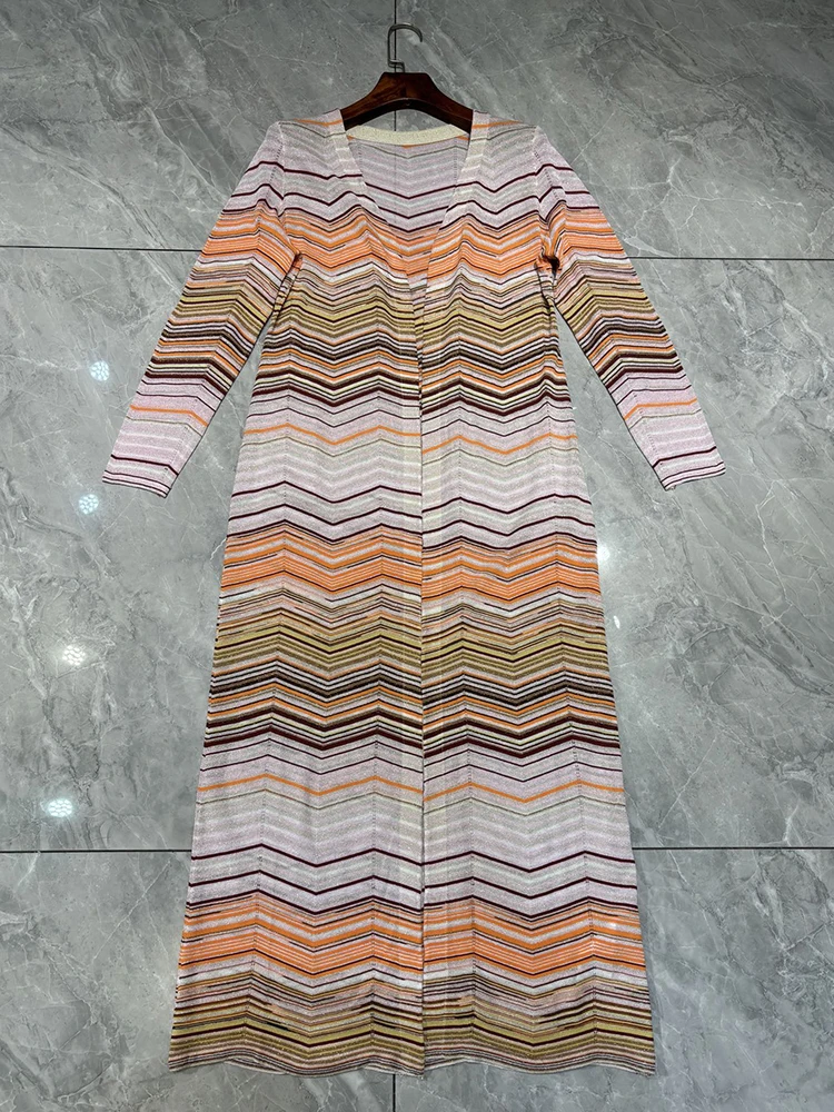 Spring Summer Fashion Vintage Striped Knitting Long Style Cardigan Women's V-Neck Long Sleeve Gold thread Straight Barrel Coat