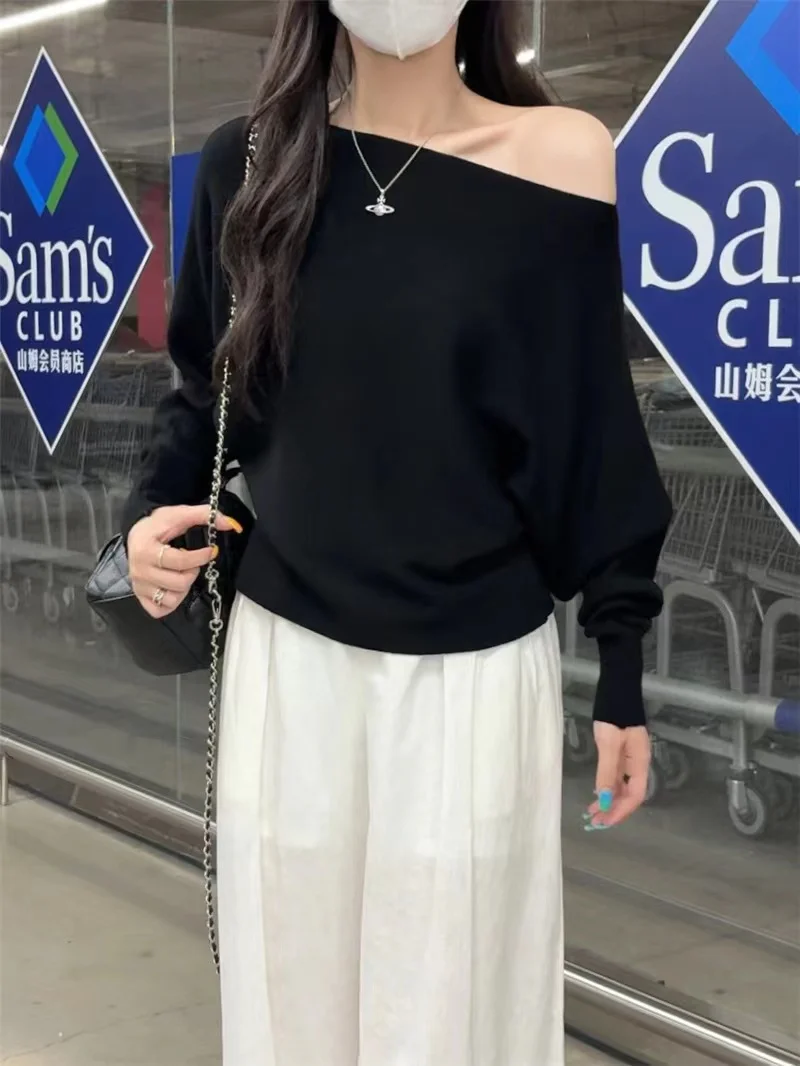 Sexy Off Shoulder Sweater for Women Batwing Sleeve Knitted Pullover Off-the-Shoulder Jumper Crop Top Elegant Fashion Fall Winter