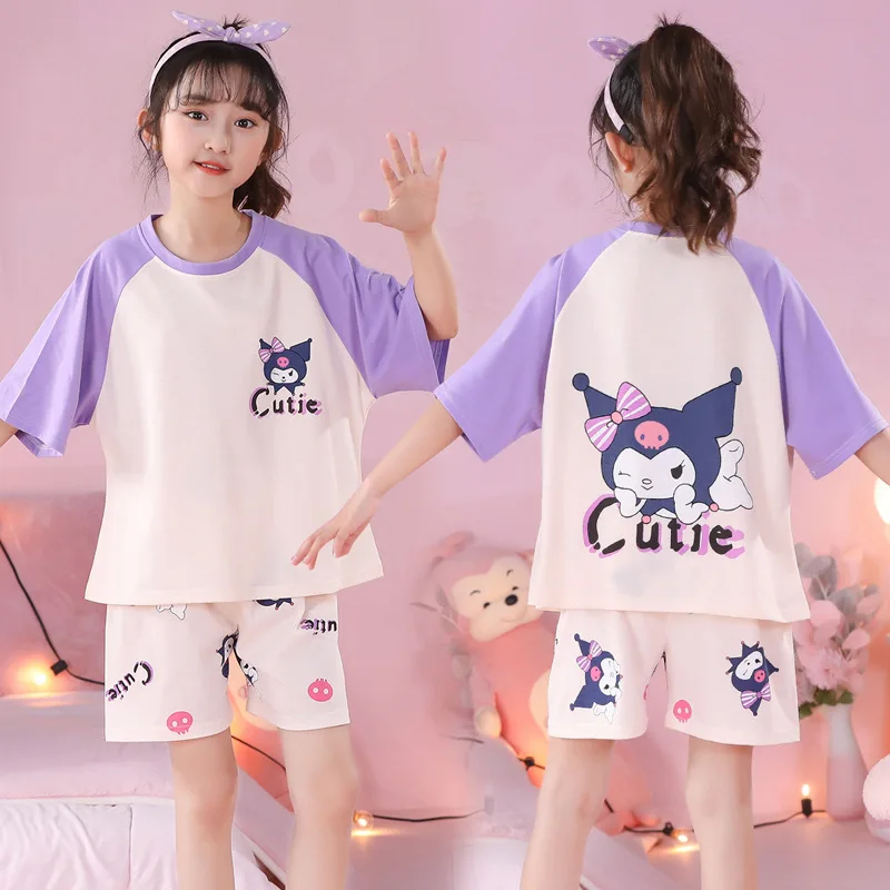 Pijama feminino de manga curta Sanrio, puro algodão, gola redonda, terno fino, roupa de casa, Kuromi, My Melody, Girls Gift, novo, verão