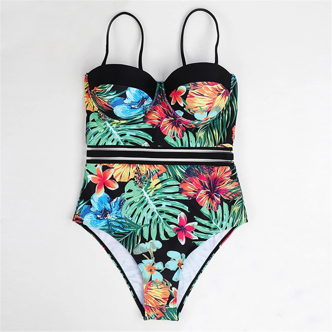 S - XL, mit Blättermuster, mit Bügel und integriertem BH, Damen-Badeanzug, einteiliger Badeanzug, Damen-Monokini, Badebekleidung, Badeanzug, Modell V5466. – Detail 10