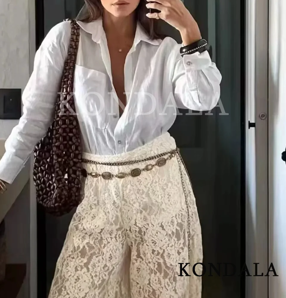KONDALA Women Trendy Lace Long Pants Elastic Waist Straight Pants New Fashion 2026 Spring Summer Holiday Streetwear Party Pants