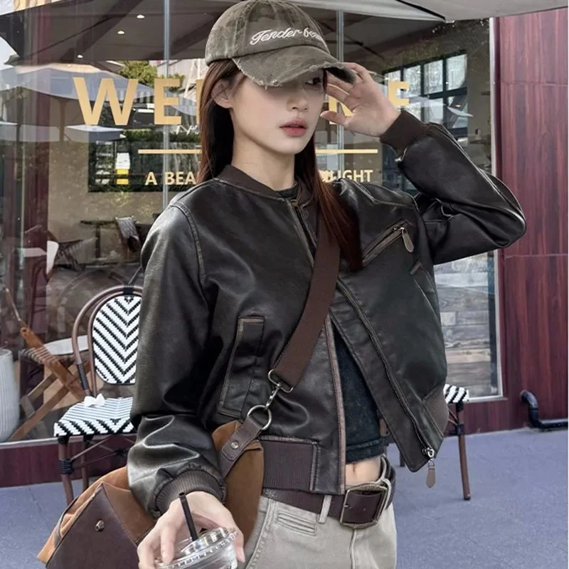 

Autumn Lady Long Sleeves Leather Jacket Korean Women Casual Short PU Leather Coat Female Fashion Round Neck Faux Leather Outwear