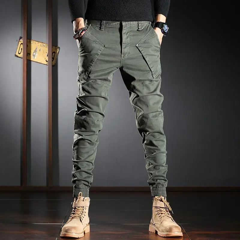

Plus Size 28-38 Men Cargo Pants Spring Autumn Casual Muti Pocket Cotton Slim Elastic Long Outdoor Joggers Street Wear