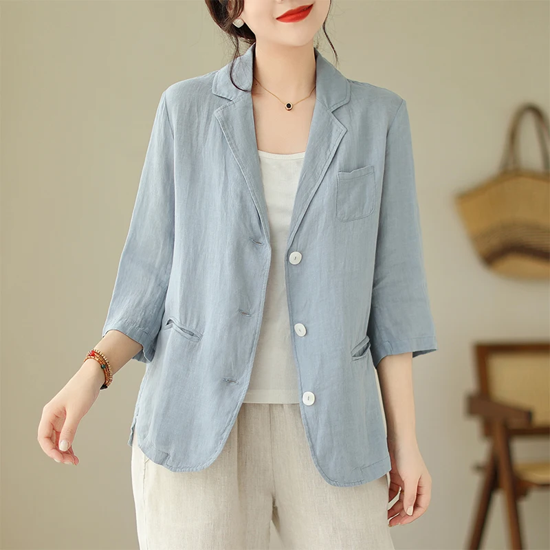 เสื้อคลุมผ้าฝ้ายลินินสำหรับผู้หญิง สไตล์ลำลอง ใส่สบาย เหมาะกับฤดูร้อน ความยาวเจ็ดส่วน ทรงหลวม สไตล์ตะวันตก ไซส์เล็ก