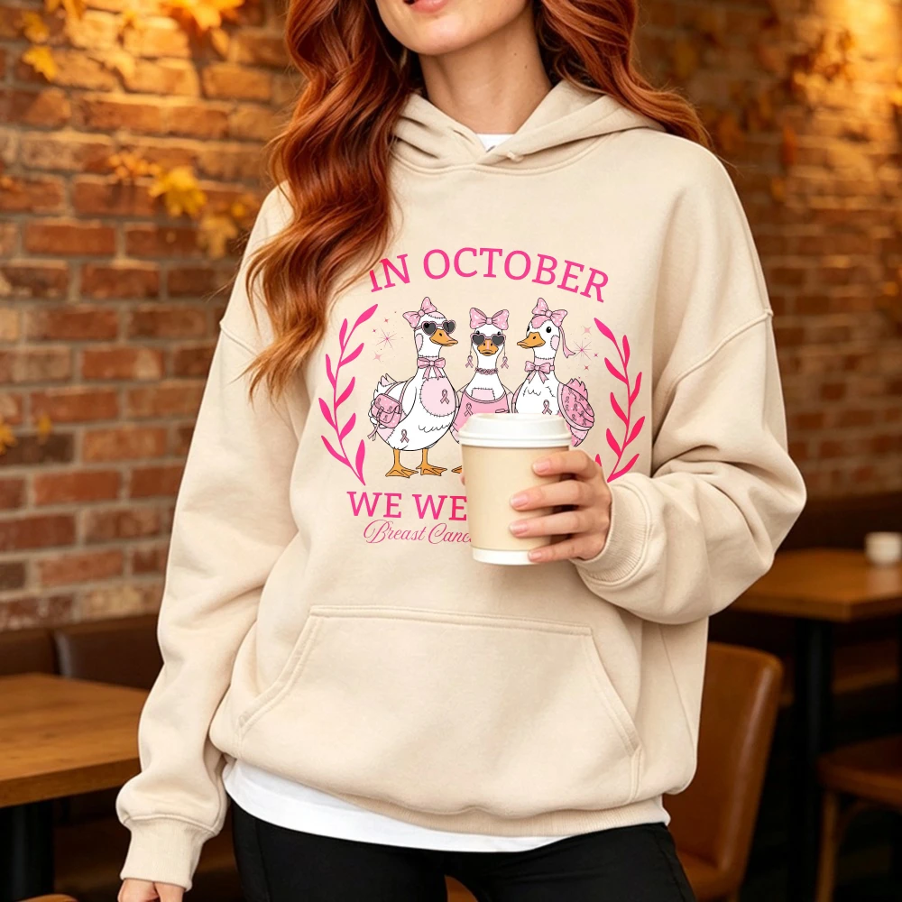 Pink Ribbon Duck Graphic Sweatshirt Breast Cancer Awareness Printing Hoodies Breast Cancer Support Y2k Streetwear Pullovers