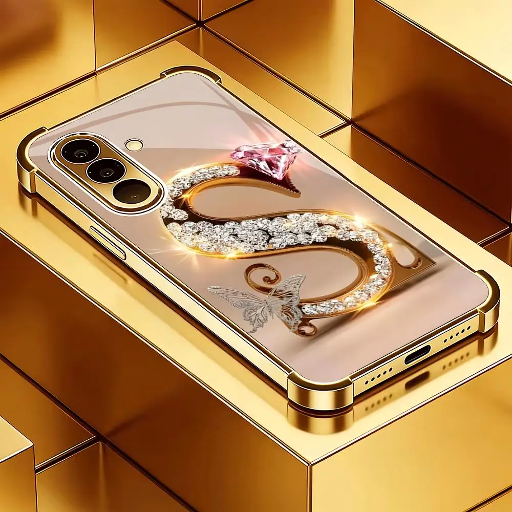 Diamond letter S electroplated glass phone case suitable for Samsung Galaxy S26 S25 S24 S22 S21 S20 FE/Ultra/Plus anti drop