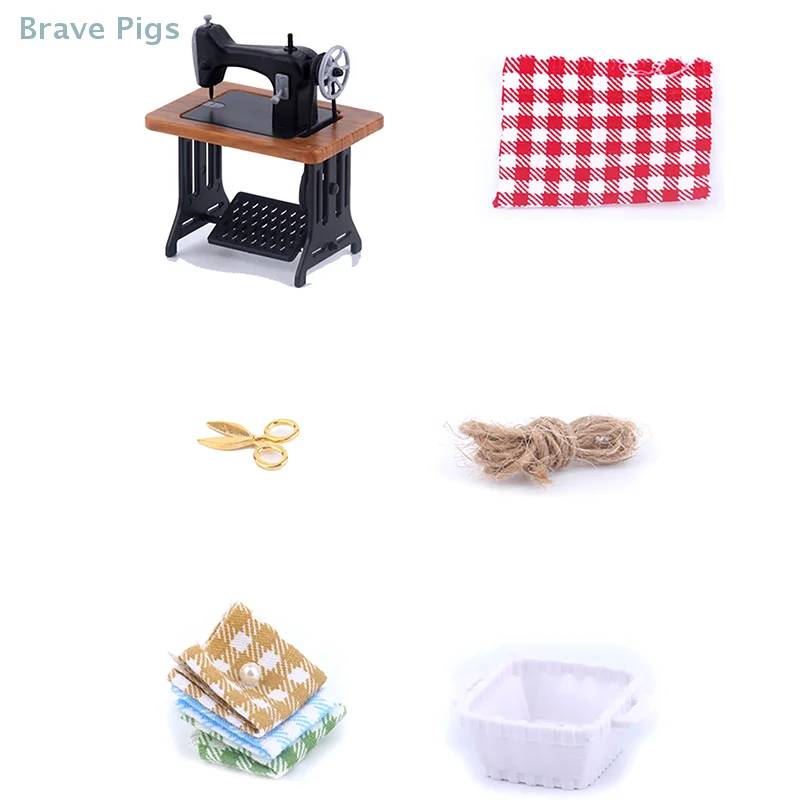 1Set 1:12 Dollhouse Miniature Sewing Machine Scissor Cloth Storage Box Furniture Sewing Scenes Decor Toy Doll House Accessories