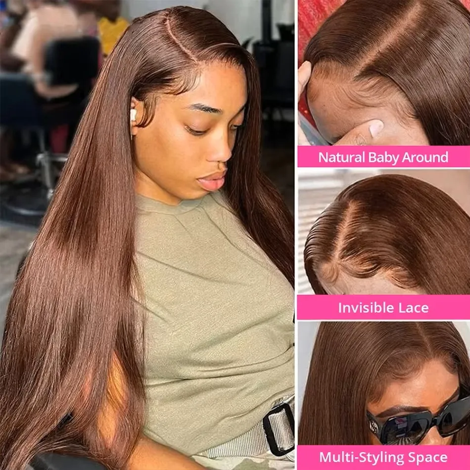 Chocolate marrom em linha reta perucas dianteiras do laço 13x6 peruca frontal do laço transparente pré arrancado remy 13x4 perucas de cabelo humano brasileiro 200%