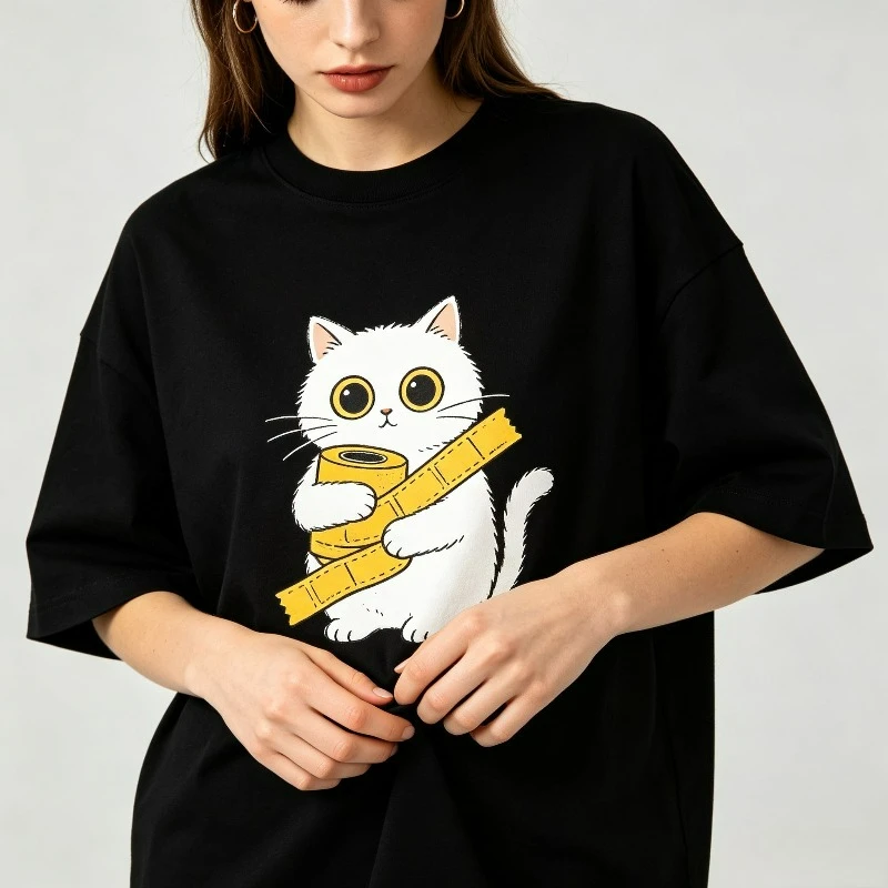 Unisex Oversized T‑Shirt Cute Tape‑Wrapped Big‑Eyes Black Cat Graphic Print Crew Neck Short Sleeve Tees Casual Streetwear