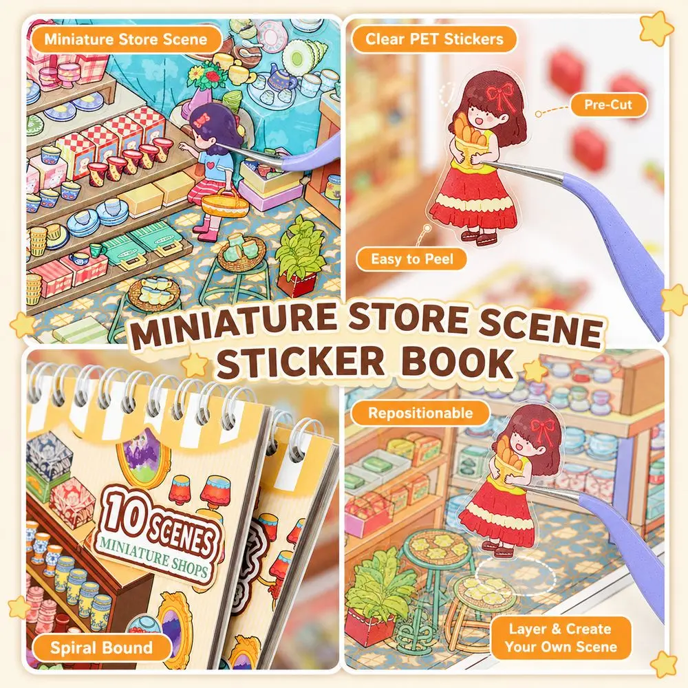 Kawaii Design 3D Scenery Stickers Pre Cut Stickers Spiral Bound Miniature Scene Sticker Cartoon Pattern Repositionable