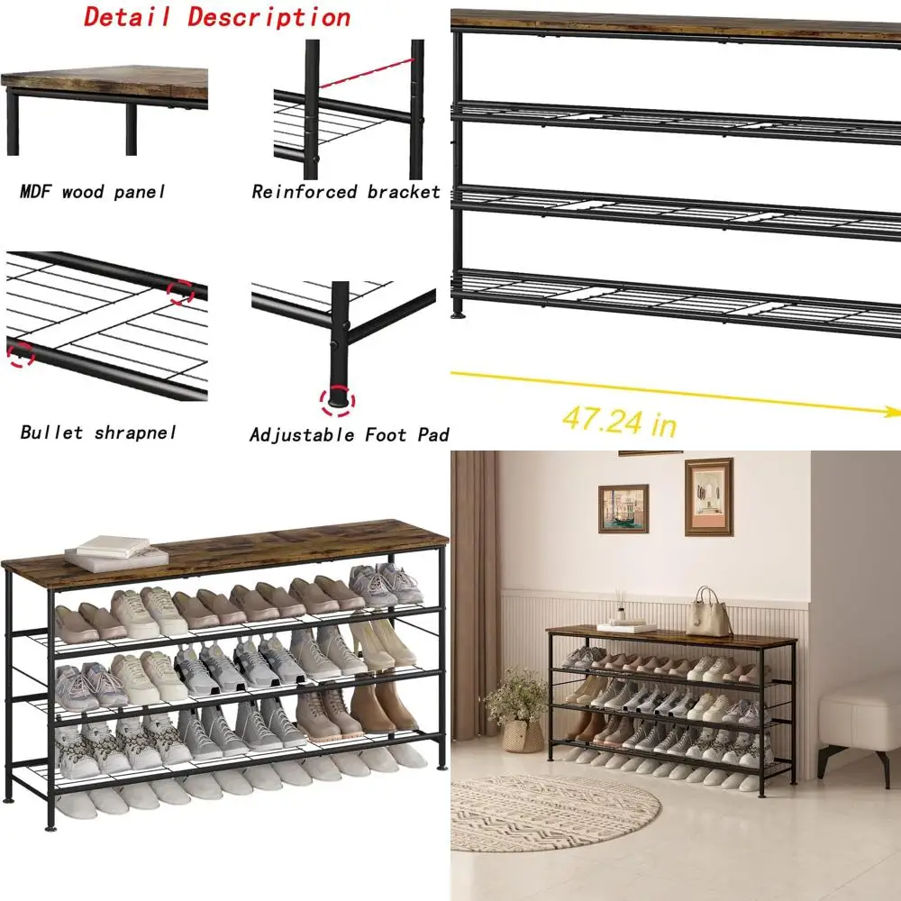 

4-уровневая отдельно стоящая металлическая полка для обуви с верхней частью из МДФ для хранения в шкафу и прихожей (черный + коричневый в деревенском стиле, большой)