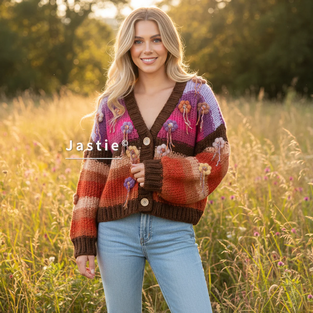 

Женский свитер в полоску в стиле бохо с цветочным принтом, свободный осенне-зимний свитер с длинным рукавом и v-образным вырезом, модный вязаный кардиган