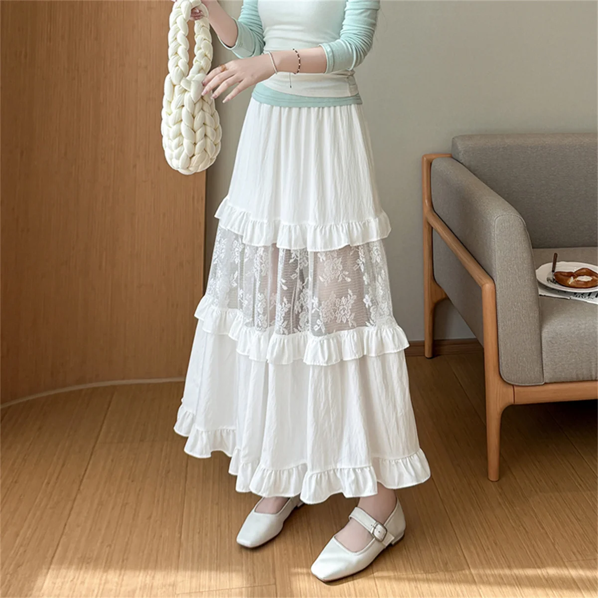 Women'sRuffles Splice White Midi Skirt 2026 Spring/Summer New Arrival Sexy Sheer Lace-Panel A-Line Flounce Skirt