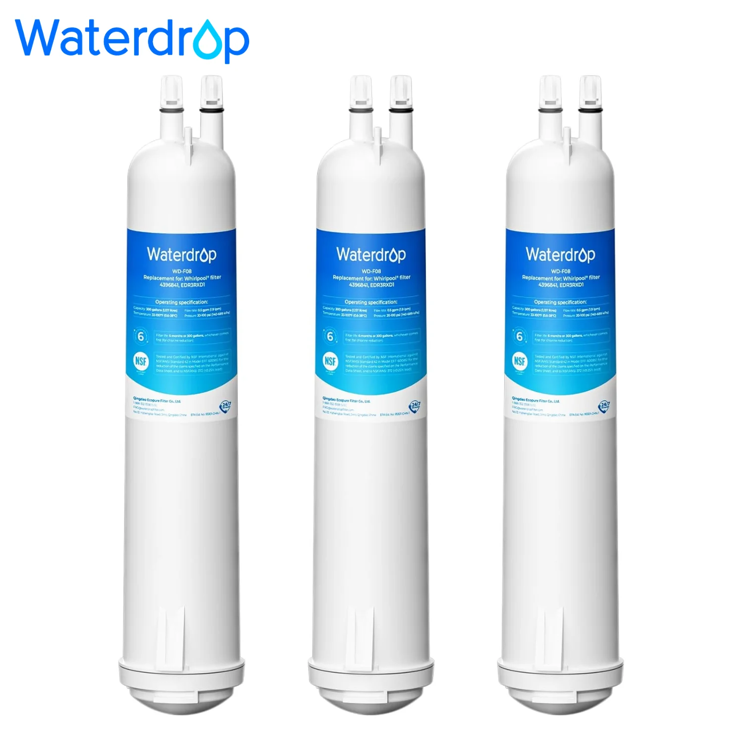 Waterdrop EDR3RXD1 Replacement for Everydrop® Filter 3, 4396841, 4396710, Kenmore® 46-9083, 46-9030, WD-F08 Refrigerator Water Filter, 3 Filters