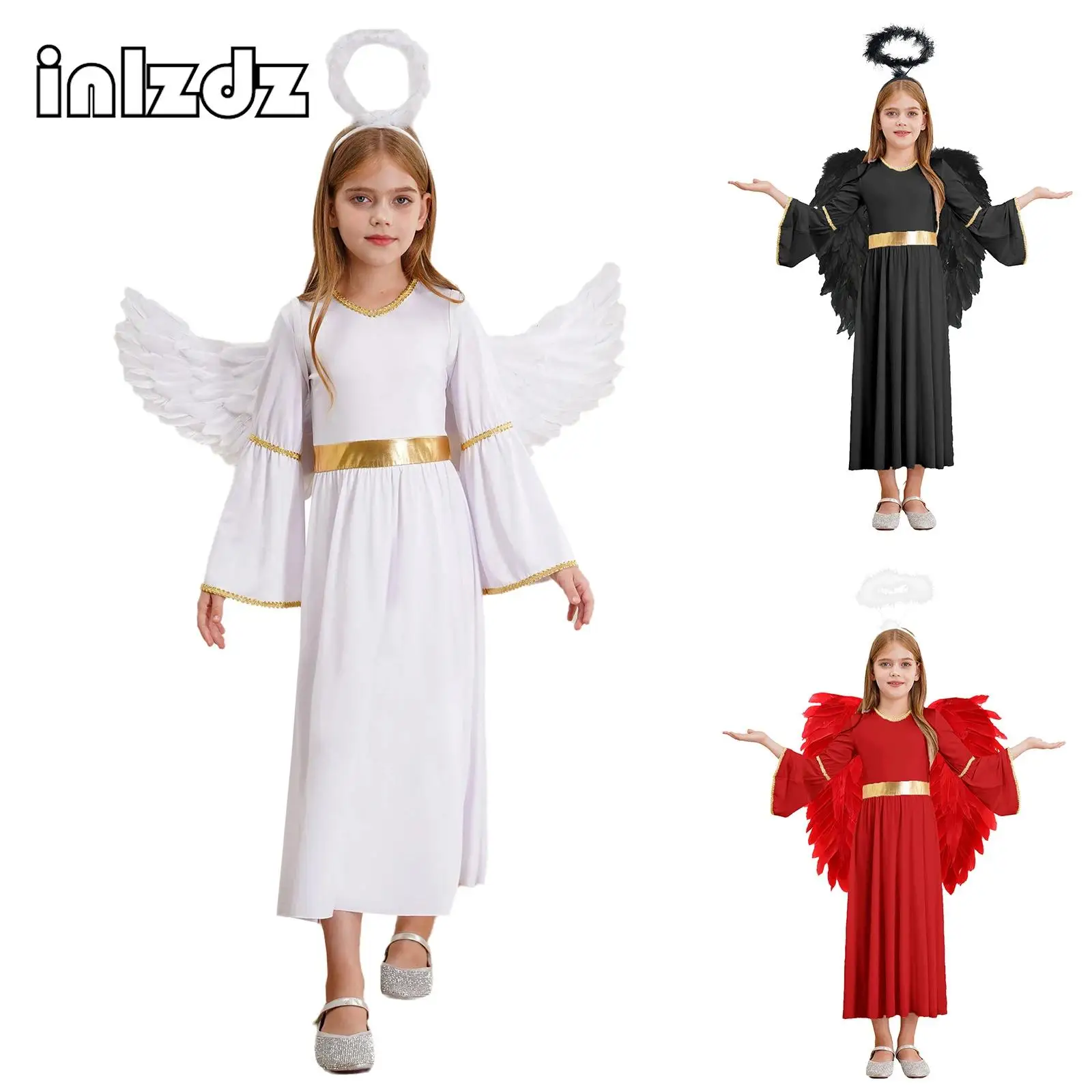 

3Pcs Girls Angel Costume Cosplay Outfits Long Sleeve Dress with Feather Hairband And Wings for Halloween Carnival Performance