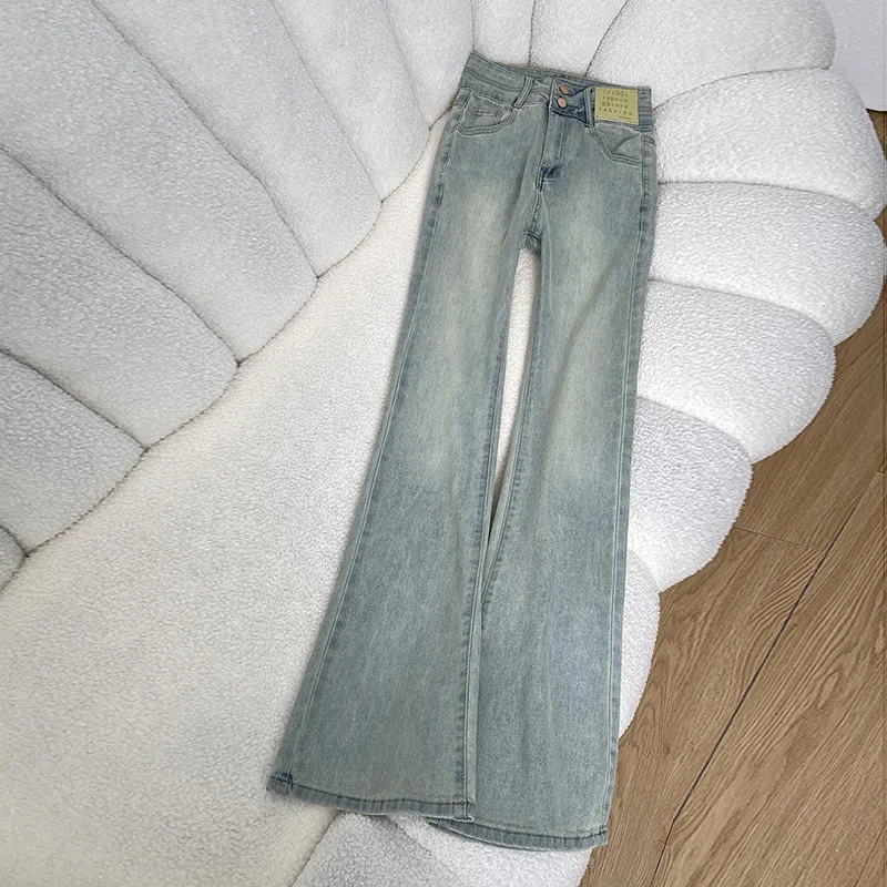 

Light Blue High Waist Bell Bot Jeans Women's Design Slim Fit Elastic Drapey Spring Cotton Stretch Denim Flared Pants