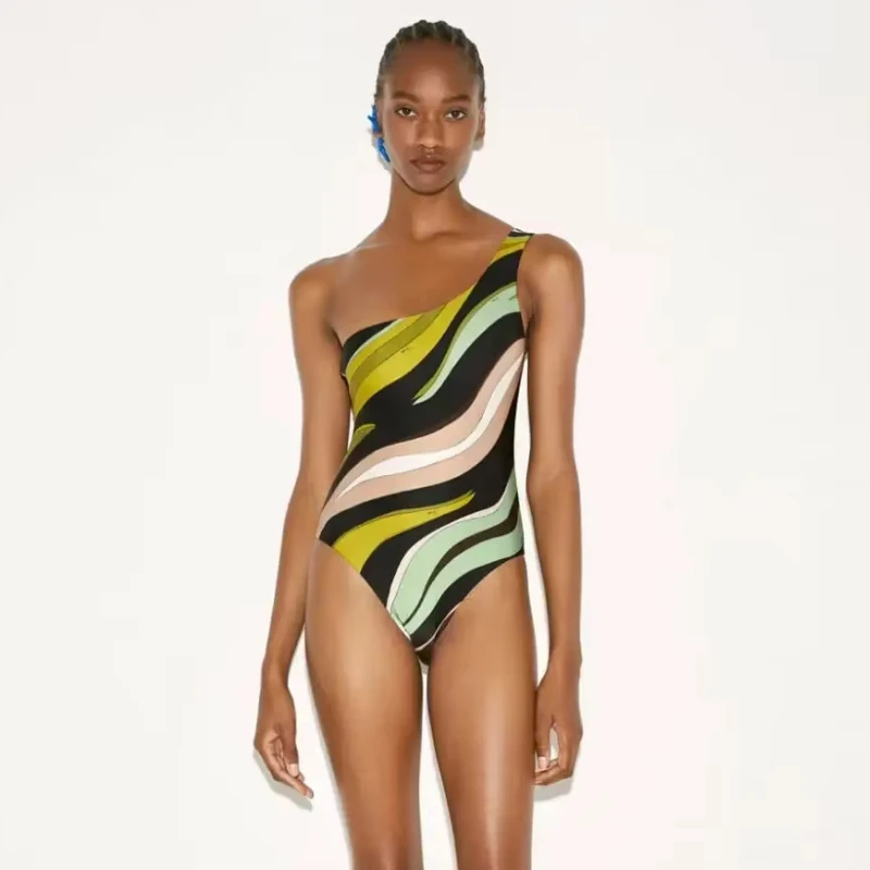 

2024, роскошный бренд, женские цельные купальники на одно плечо, полосатый буквенный принт, сексуальное бикини, модный дизайн, пляжный купальный костюм