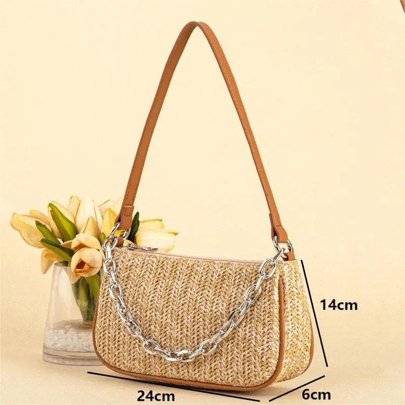 Summer 2024 New Trendy Chain Shoulder Bags Straw Weaving Bag for Women Fashion Handbags Female Vacation Beach Underarm Bags