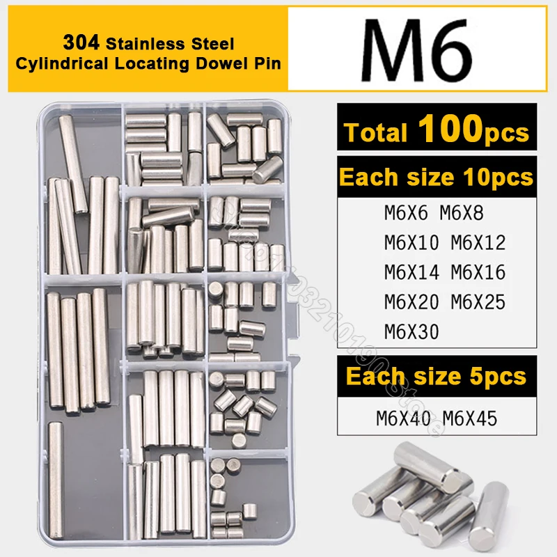 

100Pc M6 GB119 Cylindrical Locating Dowel Pin Set Stainless Steel Metal Fixing Shaft Lock Pin Round Bar Solid Rod Assortment Kit