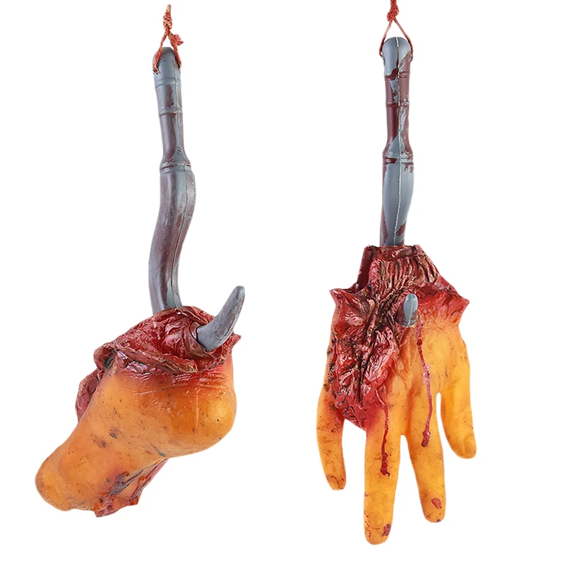 1set Halloween Bloody Foot Hands Fake Scary Severed Broken Body Parts With Hook For Halloween Party Hanging Decoration Props