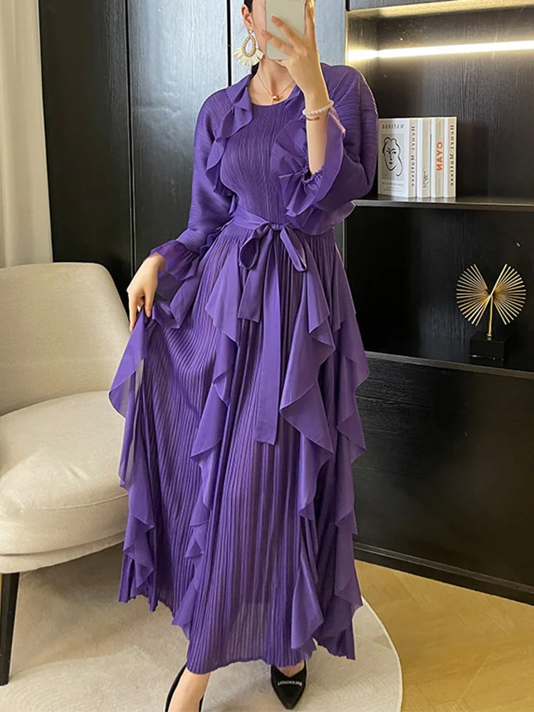 Imagem -04 - Lanmrem-vestido Plissado Roxo com Babados para Mulheres Mangas Compridas Cinto Maxi Roupas da Moda Vestidos de Senhora Novo 32a108 Outono 2024