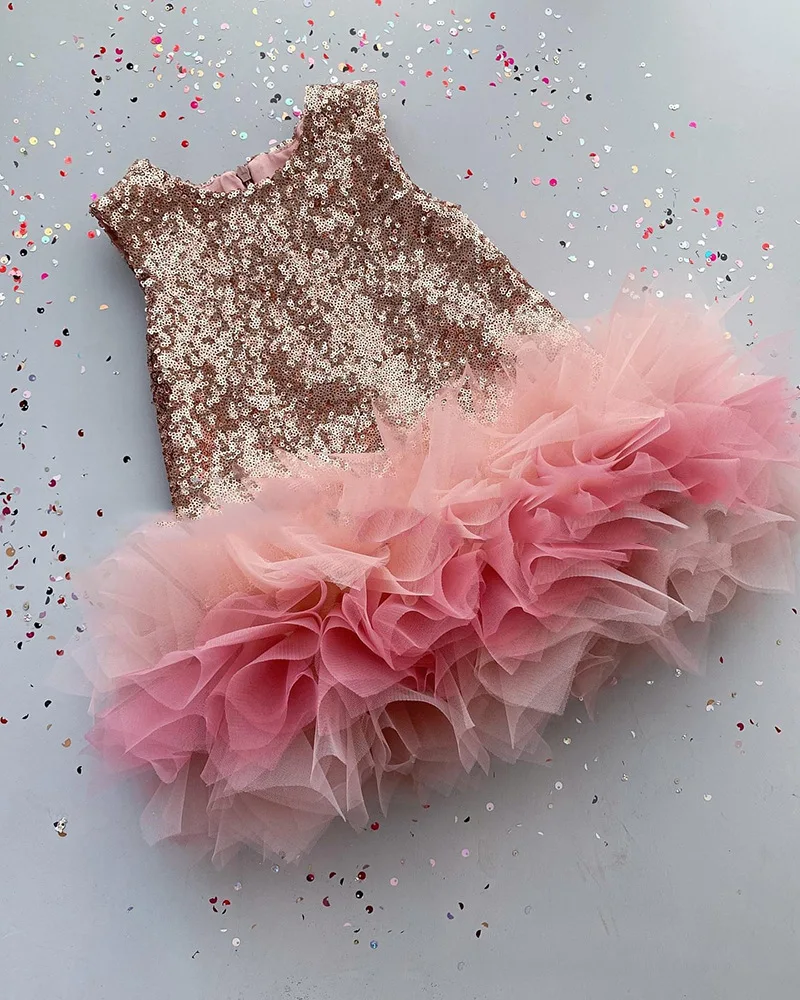 Luxurious Colorfu Sequin Cake Dress for girls Sleeveless Dresses teens Pageant ball gown wedding birthday Party Baby dress