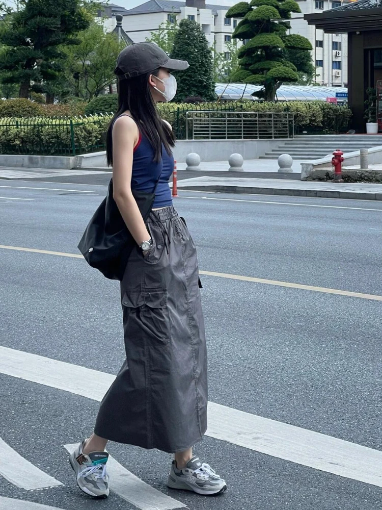 Gray A-Line Midi Skirt with Drawstring Pocket High Waist Hip Concealing Summer Commute Style Workwear Skirt for Women