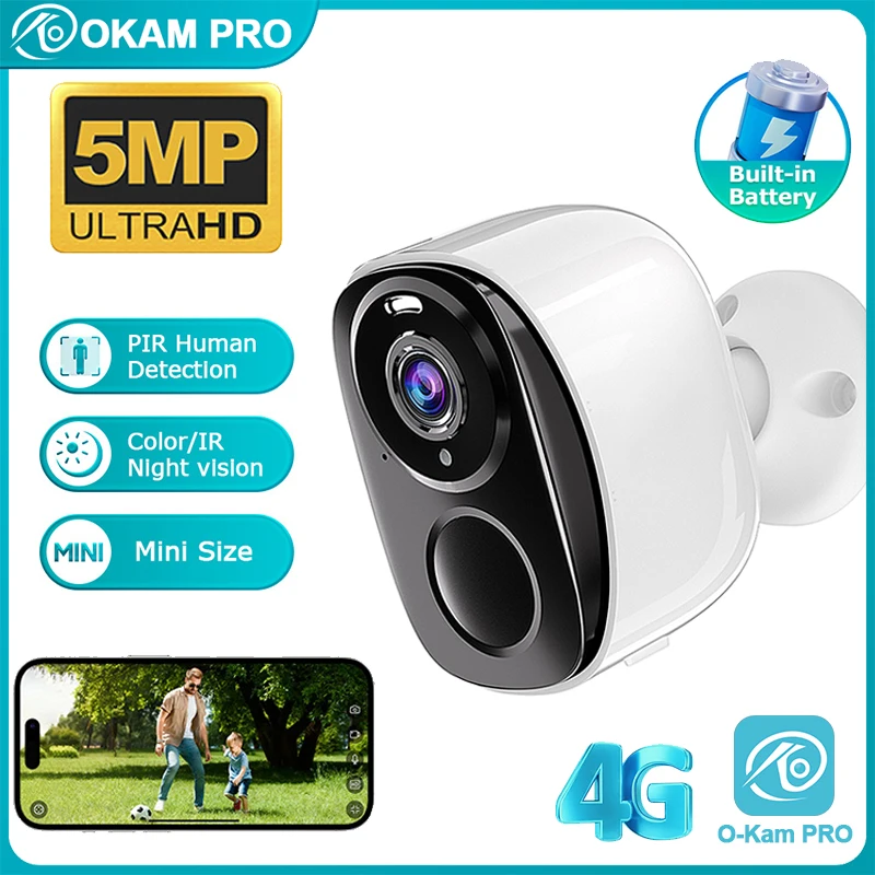 

OKAM PRO APP 4G Camera HD 5MP 130° Wide-Angle Lens 5000mAH Battery Camera Outdoor IP66 Waterproof IP CCTV Color Night Vision