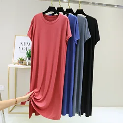 Modal O-Neck Long dress short sleeves Loose side-slit dresses Plus size Homewear sleepdress solid color