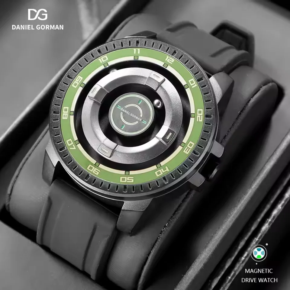

Magnetic Driven Watch Men Black Waterproof Stainless Steel Beads Quartz Watch with Silicone Strap DG0221 Green