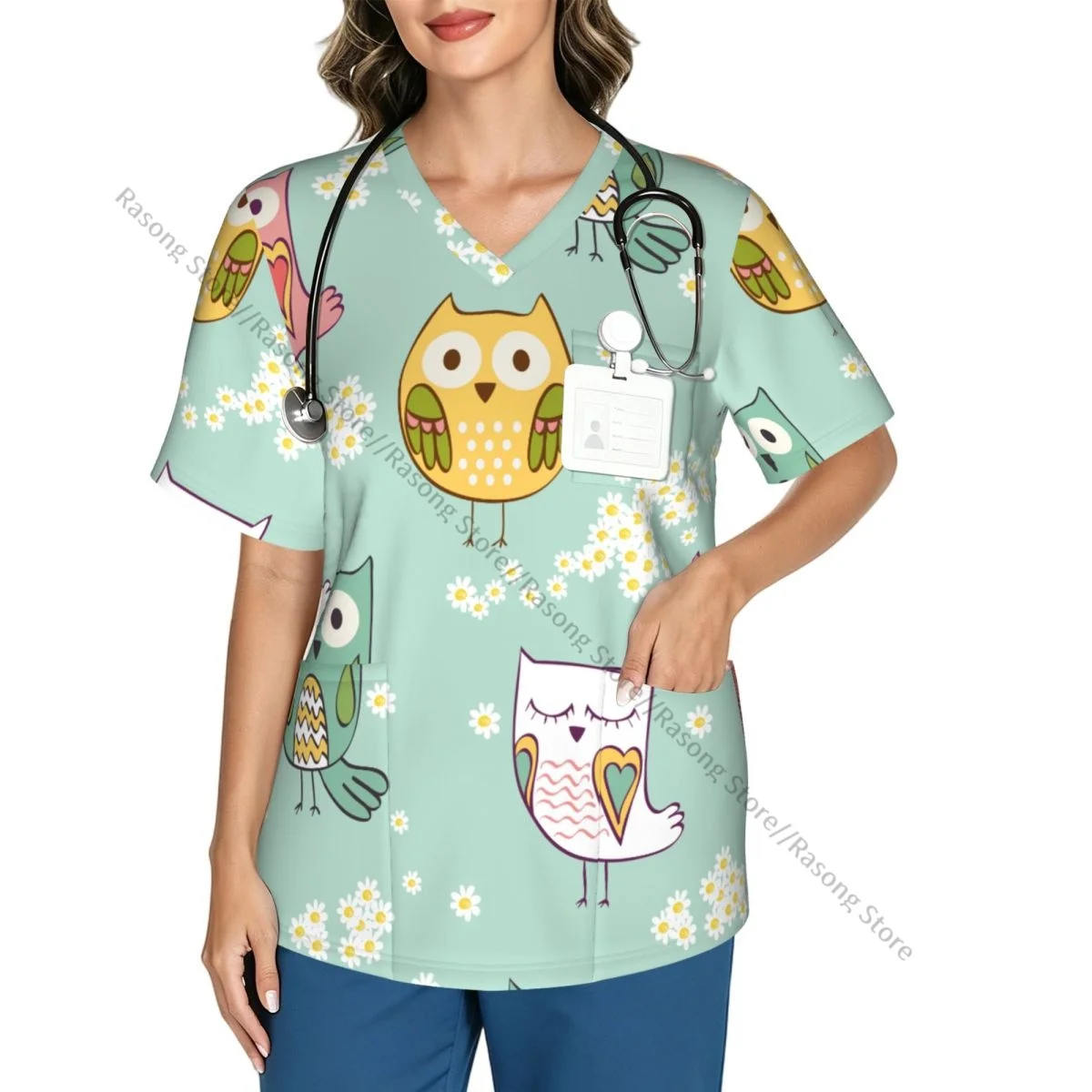 Cute Floral With Colorful Owls Scrubs tops medical uniforms women V Neck Stretch Scrub Shirt Dentist doctor Blouse