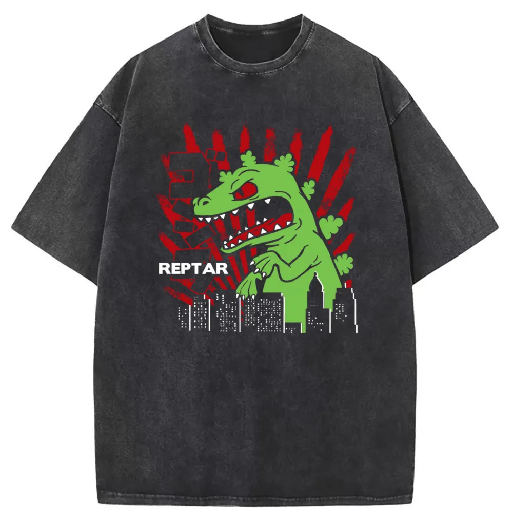 Reptar Attack Men Funny Tops T Shirt Dinosaur Sweatshirts Long Sleeve Unique Latest Mens Washed Tshirt Hip Hop Tee Shirt for Men