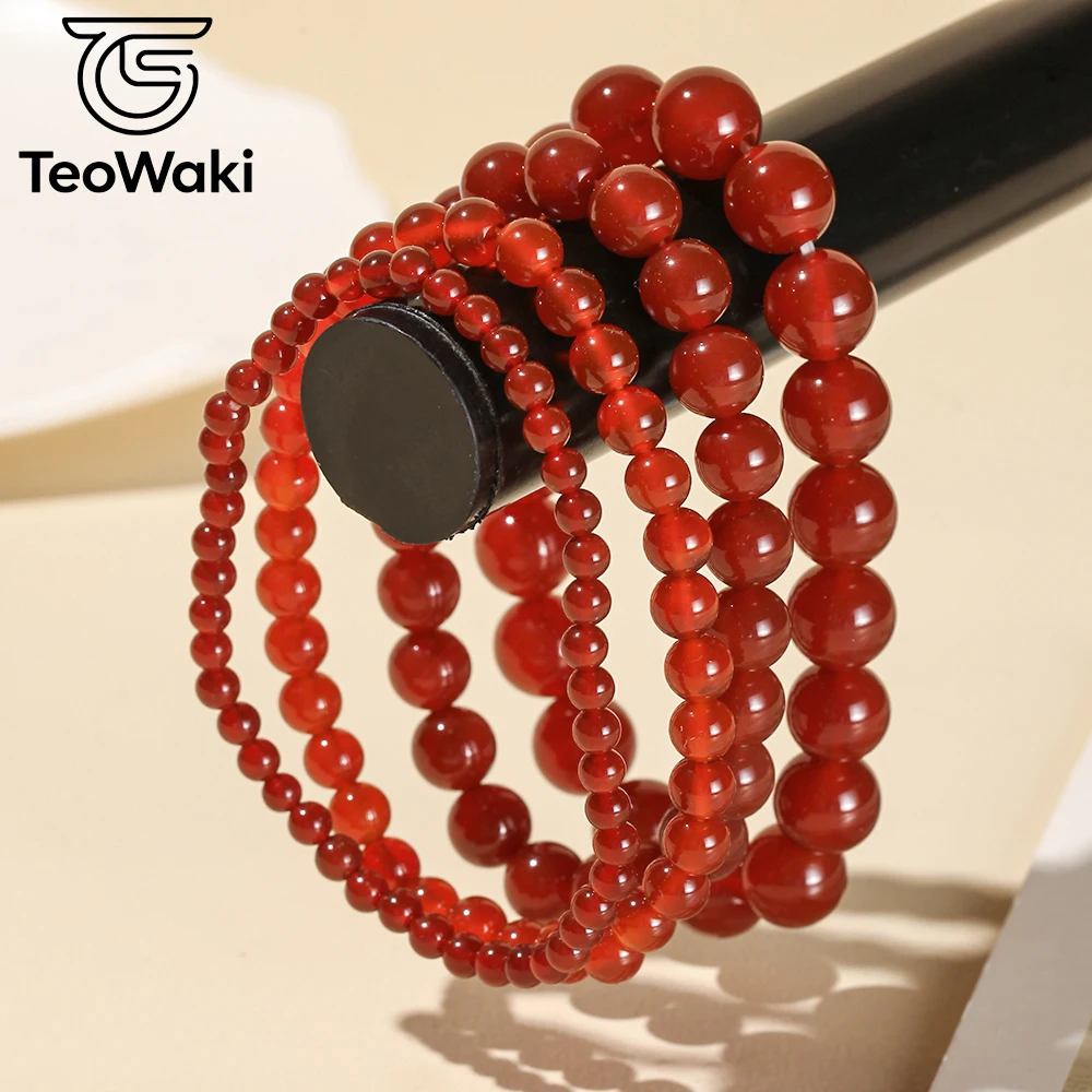 TeoWaki Natural Stone Beads 4/6/8/10mm Red Agate Elastic Bracelet for Women Men Stress Reduction Maintaining Mental Balance 19cm